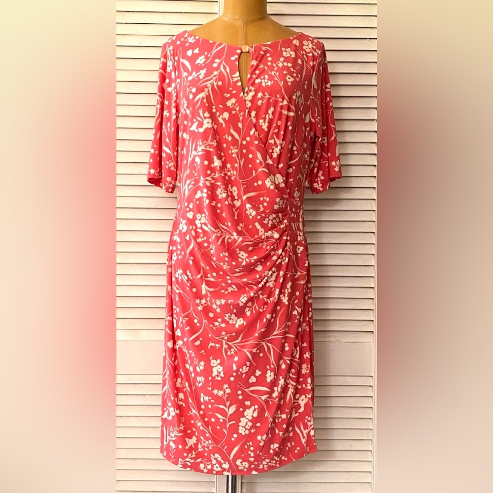 Anne Klein Dress Womens Size 10 Coral Pink Floral Short Sleeve Faux Wrap Office
